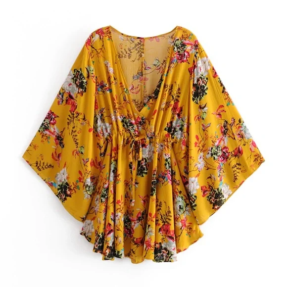 Bohemian Mustard Yellow Floral Print Batwing Festival Dress - Picture 2 of 9